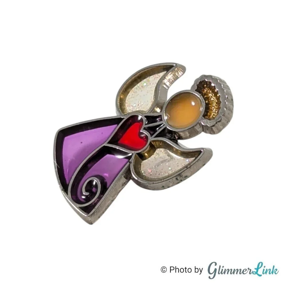 Dainty Stained Glass Glittery Purple Yellow Angel Red Heart Lapel Pin